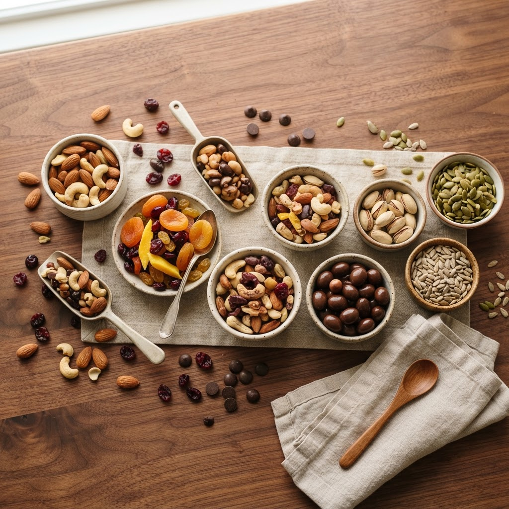 Selección de frutos secos, frutas deshidratadas y dulces sobre madera